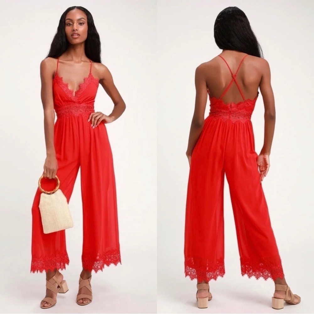 Lulus Sunny Day Dream Red Lace Culotte Jumpsuit Sz. Small - Picture 1 of 12